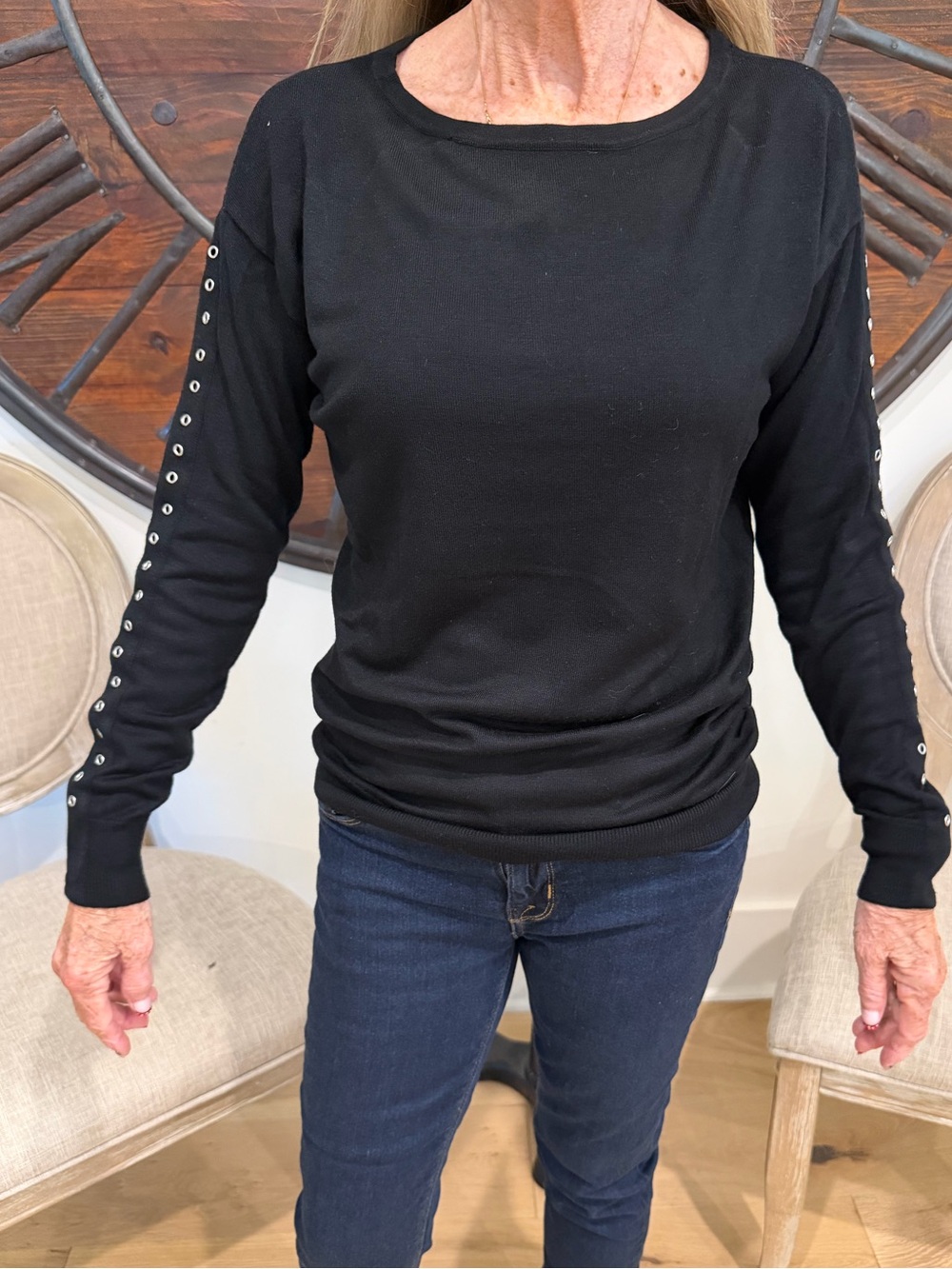 Black Eyelet-Trim Long Sleeve Sweatshirt